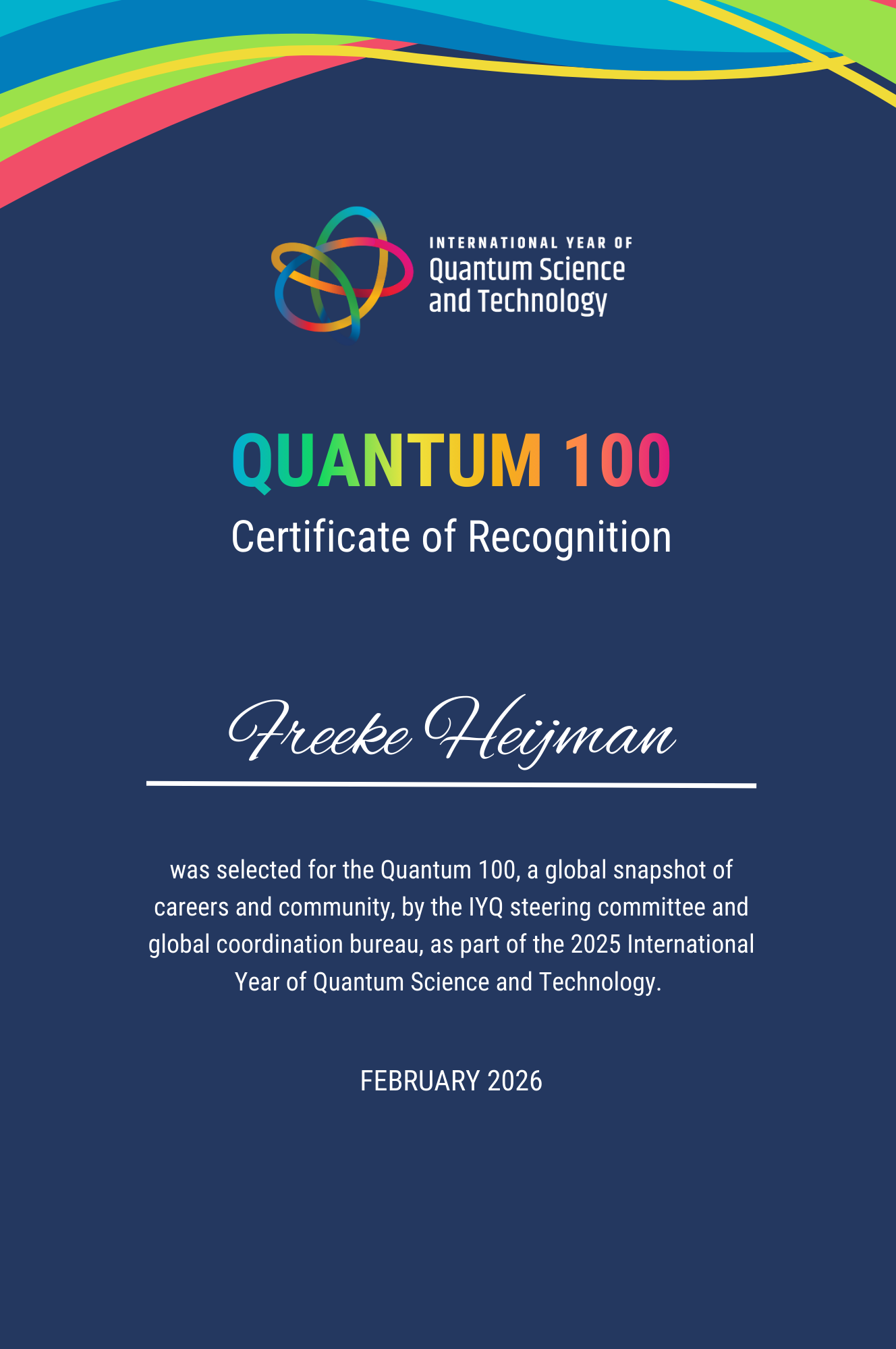 Quantum 100 Certificate of Recognition — Freeke Heijman